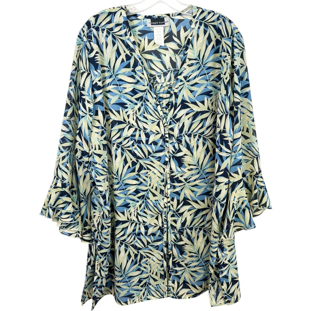 Maggie Barnes Plus Sz Blouse Tank Top Set Blue Tropical Bell‎ Sleeve Chiffon 227